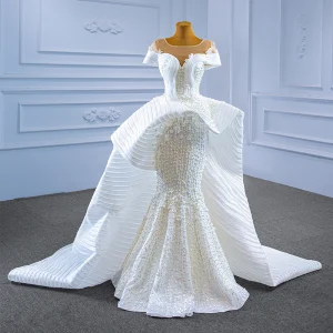 High End Charming White Wedding Dresses 2021 Trumpet Mermaid U Neck Beading Pearl Appliques Short Sleeve Backless Court Train Wedding