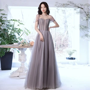 Élégant Gris Perlage Paillettes Robe De Bal 2021 Princesse Encolure Carrée Manches Courtes Dos Nu Longue Robe De Ceremonie