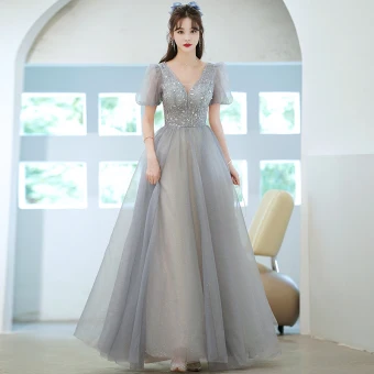 Élégant Gris Perlage Paillettes Robe De Bal 2021 Princesse V Cou Manches Courtes Dos Nu Promo Longue Robe De Ceremonie