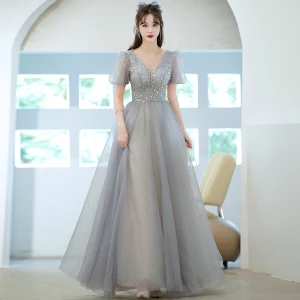 Elegante Grau Perlenstickerei Pailletten Ballkleider 2021 A Linie V Ausschnitt Kurze Ärmel Rückenfreies Ball Lange Festliche Kleider