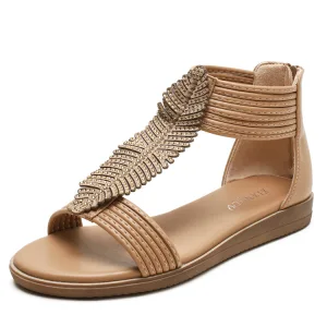 Bohemia Beige Street Wear T Strap Rhinestone Flat Womens Sandals 2021 Open Peep Toe Sandals