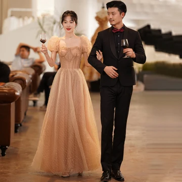 Elegant Champagne Prom Dresses 2021 A Line Princess Square Neckline Beading Puffy Short Sleeve Backless Floor Length Long Formal Dresses