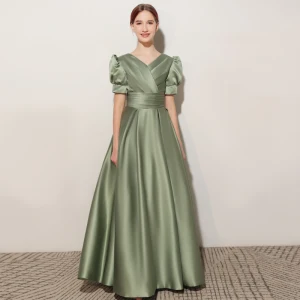 Élégant Vert Cendré Anniversaire Robe Ceremonie Fille 2021 Princesse Satin V Cou Manches Courtes Longue Robe Ceremonie Fille