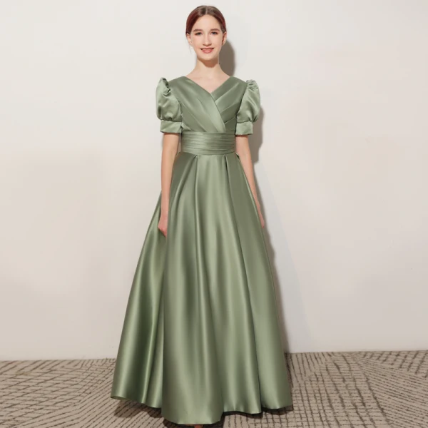 Elegant Sage Green Birthday Flower Girl Dresses 2021 A-Line / Princess  Satin V-Neck Short Sleeve Floor-Length / Long Flower Girl Dresses