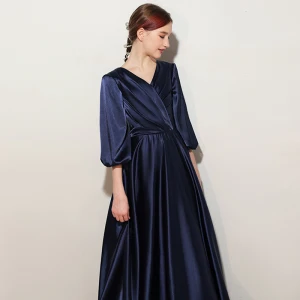 Élégant Bleu Marine Satin Anniversaire Robe Ceremonie Fille Robe De Fete 2021 Princesse V Cou 1 2 Manches Longue Robe Ceremonie Fille