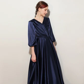 Elegant Navy Blue Satin Birthday Flower Girl Dresses Party Dresses 2021 A Line Princess V Neck 1 2 Sleeves Floor Length Long Flower Girl Dresses