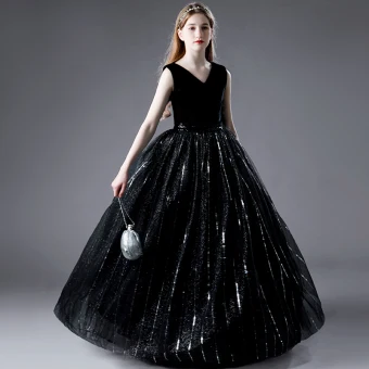 Charming Black Sequins Birthday Flower Girl Dresses Party Dresses 2021 Ball Gown V Neck Sleeveless Floor Length Long Flower Girl Dresses