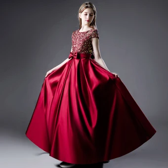 Charmant Bordeaux Robe De Fete Robe Ceremonie Fille 2021 Princesse Encolure Dégagée Satin Manches Courtes Noeud Ceinture Paillettes Anniversaire Longue Robe Ceremonie Fille