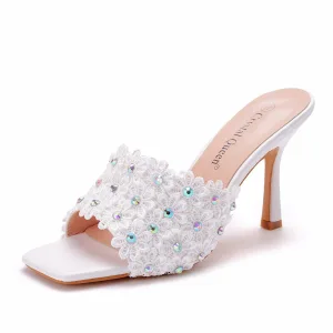 Mode Witte Feest Kant Bloem Rhinestone Sandalen Dames 2021 9 Cm Naaldhakken Stiletto Peep Toe Sandalen Hoge Hakken