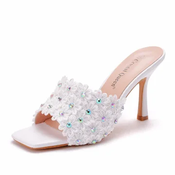Mode Witte Feest Kant Bloem Rhinestone Sandalen Dames 2021 9 Cm Naaldhakken Stiletto Peep Toe Sandalen Hoge Hakken