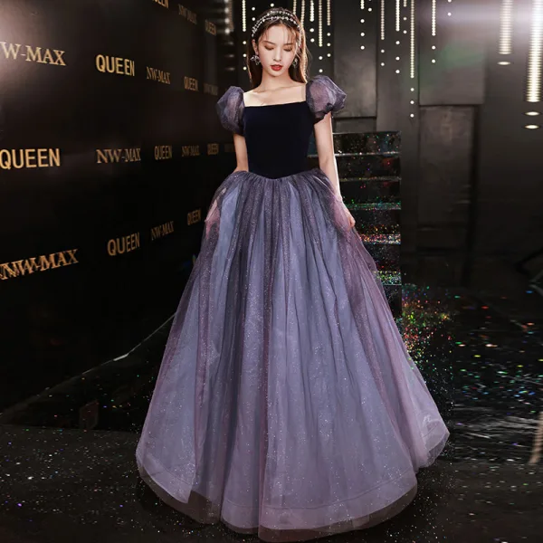 Charming Navy Blue Glitter Sequins Prom Dresses 2021 A-Line Princess Square Neckline Charming Navy Blue Glitter Sequins Prom Dresses 2021 A-Line Princess Square Neckline