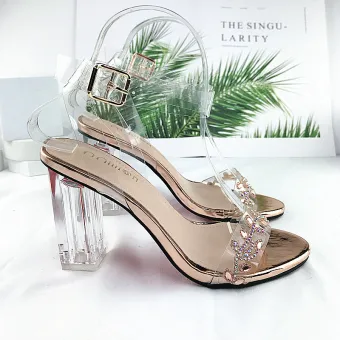 Sexy Transparent Champagne Cristal Sandales Femme 2021 Vêtement De Rue Bride Cheville Faux Diamant 10 Cm Talons Épais Peep Toes Bout Ouvert Sandales Talons Hauts