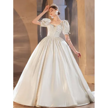 Élégant Ivoire Perle Satin Robe De Mariée 2021 Robe Boule Encolure Carrée Gonflée Manches Courtes Cathedral Train