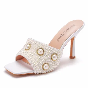 Mooie Prachtige Witte Straatkleding Parel Rhinestone Sandalen Dames 2021 9 Cm Naaldhakken Stiletto Peep Toe Sandalen Hoge Hakken