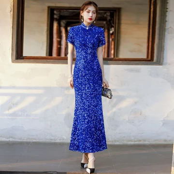 Glitter Koninklijk Blauw Pailletten Avond Cheongsam 2021 Trompet Zeemeermin Korte Mouwen Tea Length Cheongsam
