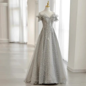 Charming Silver Beading Sequins Lace Flower Prom Dresses 2021 A Line Princess Off The Shoulder Short Sleeve Backless Floor Length Long Prom Formal Dresses