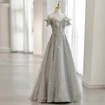 Charming Silver Beading Sequins Lace Flower Prom Dresses 2021 A Line Princess Off The Shoulder Short Sleeve Backless Floor Length Long Prom Formal Dresses