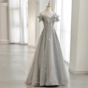Charming Silver Beading Sequins Lace Flower Prom Dresses 2021 A Line Princess Off The Shoulder Short Sleeve Backless Floor Length Long Prom Formal Dresses