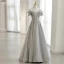 Charming Silver Beading Sequins Lace Flower Prom Dresses 2021 A-Line / Princess Off-The-Shoulder Short Sleeve Backless Floor-Length / Long Prom Formal Dresses