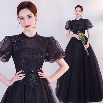Élégant Noire En Dentelle Fleur Robe De Bal 2021 Princesse Col Haut Perle Faux Diamant Gonflée Manches Courtes Dos Nu Promo Longue Robe De Ceremonie