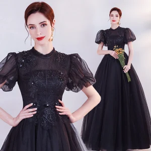 Élégant Noire En Dentelle Fleur Robe De Bal 2021 Princesse Col Haut Perle Faux Diamant Gonflée Manches Courtes Dos Nu Promo Longue Robe De Ceremonie