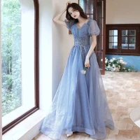 Elegante Meeresblau Ballkleider 2021 A Linie V-Ausschnitt Perlenstickerei Perle Pailletten Kurze Ärmel Lange Ballkleider