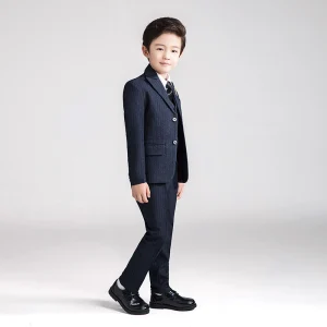 Fashion Navy Blue Striped Long Sleeve Boys Wedding Suits 2021