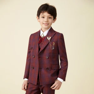 Fashion Burgundy Striped Long Sleeve Boys Wedding Suits 2021