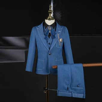 Mode Oceaan Blauw Jongenspakken 2021 Lange Mouwen Rhinestone Strik Lichaam Sieraden Jas Broek Overhemd Vest