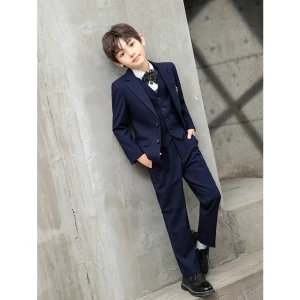 Fashion Navy Blue Long Sleeve Boys Wedding Suits 2021 Rhinestone Bow Tie