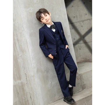 Mode Bleu Marine Manches Longues Costume Garçon Mariage 2021 Faux Diamant Noeud Cravate