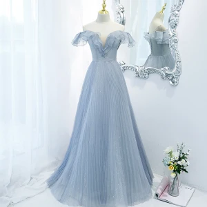 Charmant Bleu Ciel Glitter Plissée Robe De Bal 2021 Princesse Volants De L Épaule Manches Courtes Longue Robe De Ceremonie