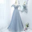 Charming Sky Blue Glitter Pleated Prom Dresses 2021 A-Line / Princess Ruffle Off-The-Shoulder Short Sleeve Floor-Length / Long Formal Dresses