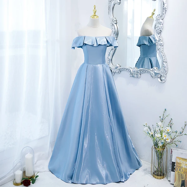 Modest / Simple Sky Blue Satin Prom Dresses 2021 A-Line / Princess  Off-The-Shoulder Short Sleeve Floor-Length / Long Formal Dresses