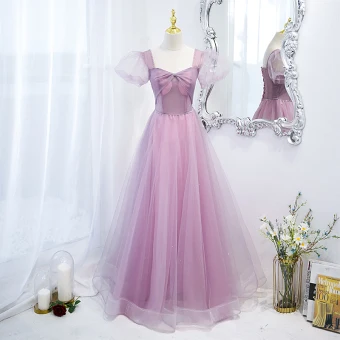 Élégant Lilas Perlage Robe De Bal 2021 Princesse Encolure Carrée Gonflée Manches Courtes Dos Nu Longue Robe De Ceremonie