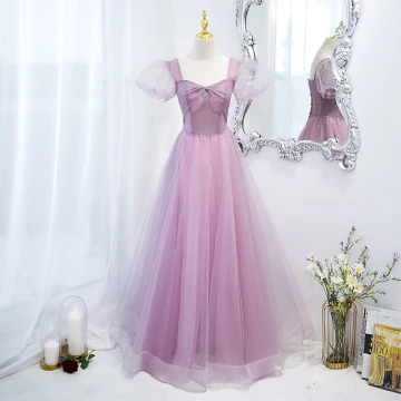 Élégant Lilas Perlage Robe De Bal 2021 Princesse Encolure Carrée Gonflée Manches Courtes Dos Nu Longue Robe De Ceremonie