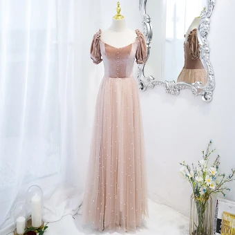 Élégant Rougissant Rose Perle Daim Robe De Bal 2021 Princesse Encolure Carrée Manches Courtes Dos Nu Longue Robe De Bal
