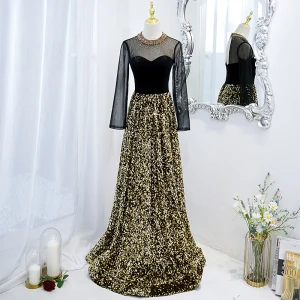 Charmant Noire Doré Perlage Faux Diamant Paillettes Robe De Soirée 2021 Princesse Encolure Dégagée Manches Longues Longue Robe De Ceremonie