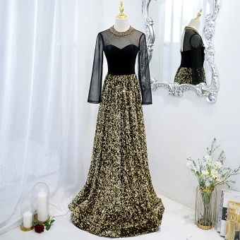 Charmant Noire Doré Perlage Faux Diamant Paillettes Robe De Soirée 2021 Princesse Encolure Dégagée Manches Longues Longue Robe De Ceremonie