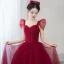 Elegant Burgundy Beading Rhinestone Prom Dresses 2021 A-Line / Princess Square Neckline Short Sleeve Backless Prom Floor-Length / Long Formal Dresses