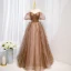 Fashion Brown Beading Sequins Rhinestone Backless Pierced Prom Dresses 2021 A-Line / Princess Off-The-Shoulder Puffy Short Sleeve Floor-Length / Long Formal Dresses