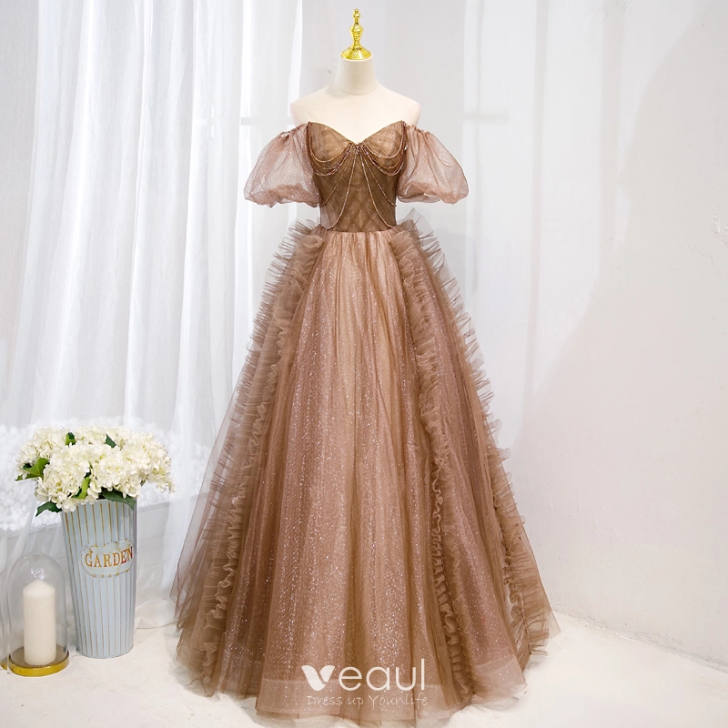 Tulle Off-the-shoulder Brown Short Sleeve A-line Prom Dress Tulle Off-the-shoulder Brown Short Sleeve A-line Prom Dress
