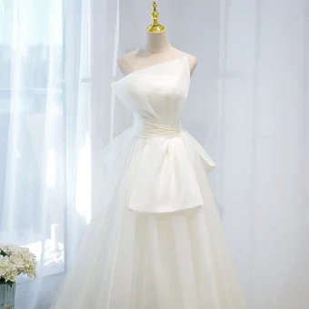 Elegant Ivory Satin Prom Dresses 2021 A Line Princess Strapless Sleeveless Backless Bow Prom Floor Length Long Formal Dresses