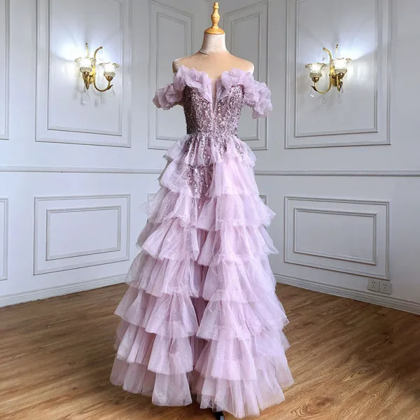 High-end Lilac Handmade  Beading Sequins Prom Dresses 2021 A-Line / Princess Off-The-Shoulder Short Sleeve Backless Bow Cascading Ruffles Floor-Length / Long Formal Dresses