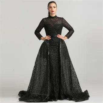 Haut De Gamme Noire Robe De Soirée 2021 Trompette Sirène Col Haut Fait Main Perlage Paillettes Ceinture Manches Longues Longue Soirée Robe De Ceremonie