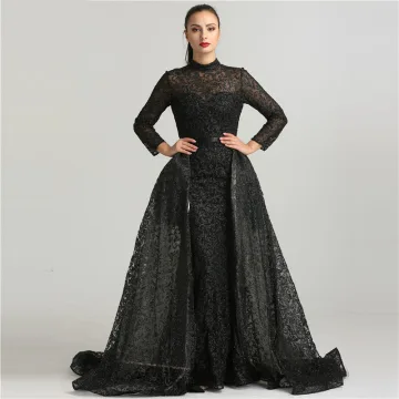 High End Black Evening Dresses 2021 Trumpet Mermaid High Neck Handmade Beading Sequins Sash Long Sleeve Floor Length Long Evening Party Formal Dresses