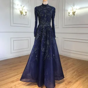 Haut De Gamme Bleu Marine Fait Main Perlage Faux Diamant Robe De Soirée 2021 Princesse Col Haut Manches Longues Longue Soirée Robe De Ceremonie