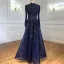 High-end Navy Blue Handmade  Beading Rhinestone Evening Dresses 2021 A-Line / Princess High Neck Long Sleeve Floor-Length / Long Evening Party Formal Dresses