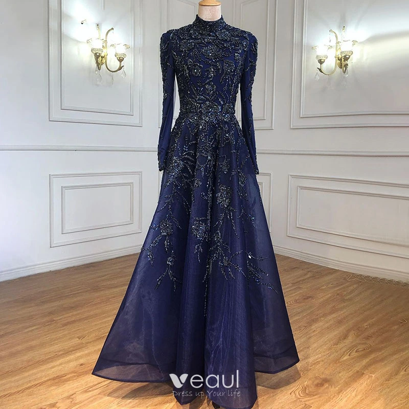 long sleeve navy blue dress formal BABARONI Simple Mother of the Bride Dress V-Neck Half Sleeve Stretch Crepe A-Line Gown main image 0