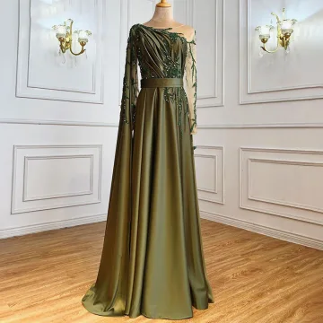 Modern Fashion Olive Green Evening Dresses 2021 A Line Princess Scoop Neck Beading Rhinestone Long Sleeve Evening Party Floor Length Long Formal Dresses